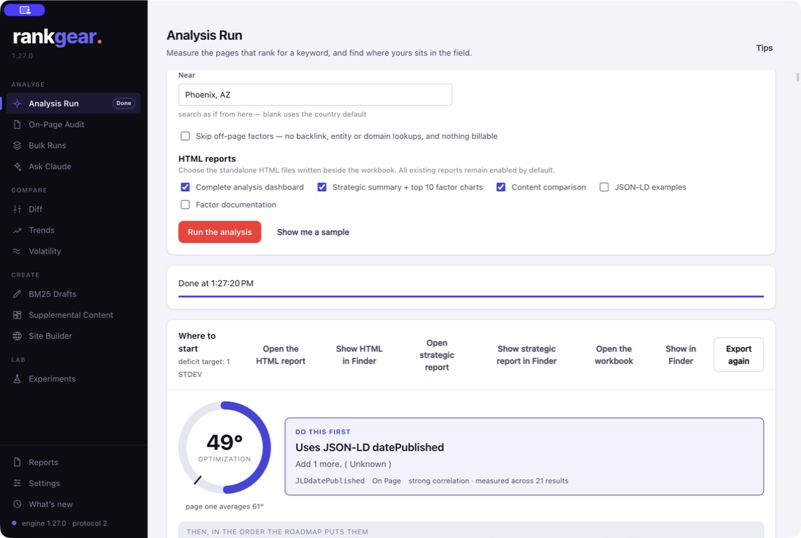 RankGear Analysis Run dashboard with the optimization score, the top priority, and an ordered SEO roadmap.