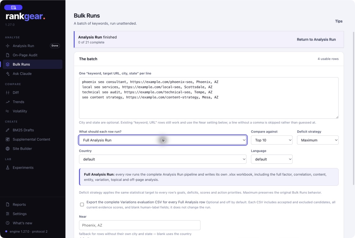 RankGear Bulk Runs queue performing a full analysis across many keyword and target rows with per-row rank and score.