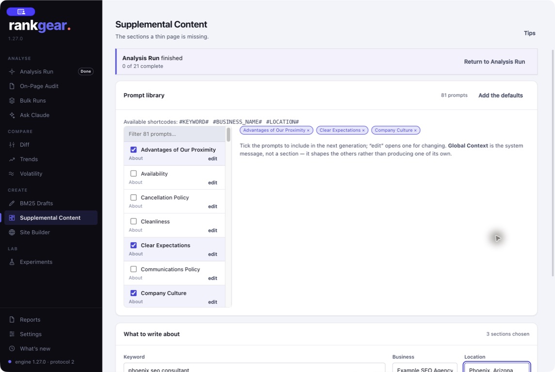 Supplemental Content prompt library with shortcodes and keyword, business, and location inputs.
