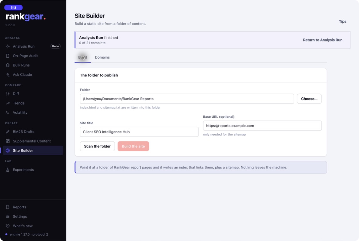 Site Builder preparing a branded client SEO intelligence hub from a folder of RankGear reports.