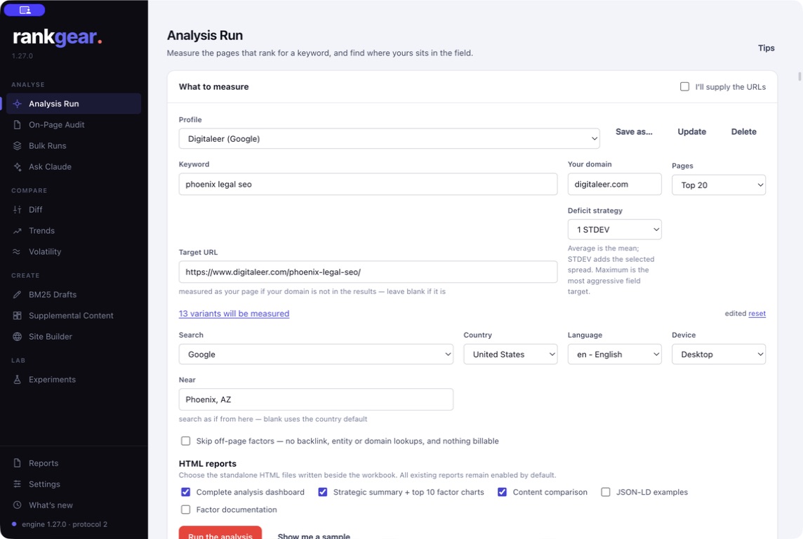 Analysis Run setup: keyword, target page, SERP depth, localization, device, deficit strategy, and report outputs.