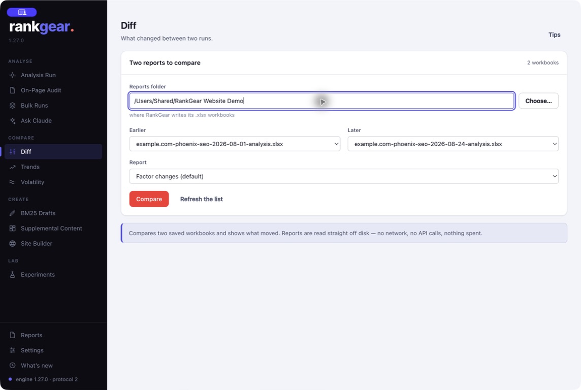RankGear Diff selecting two saved runs to compare by keyword and target.