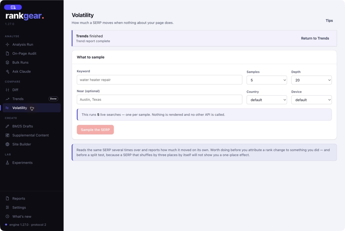 RankGear Volatility setup choosing a keyword and the number of repeated searches to sample SERP churn.