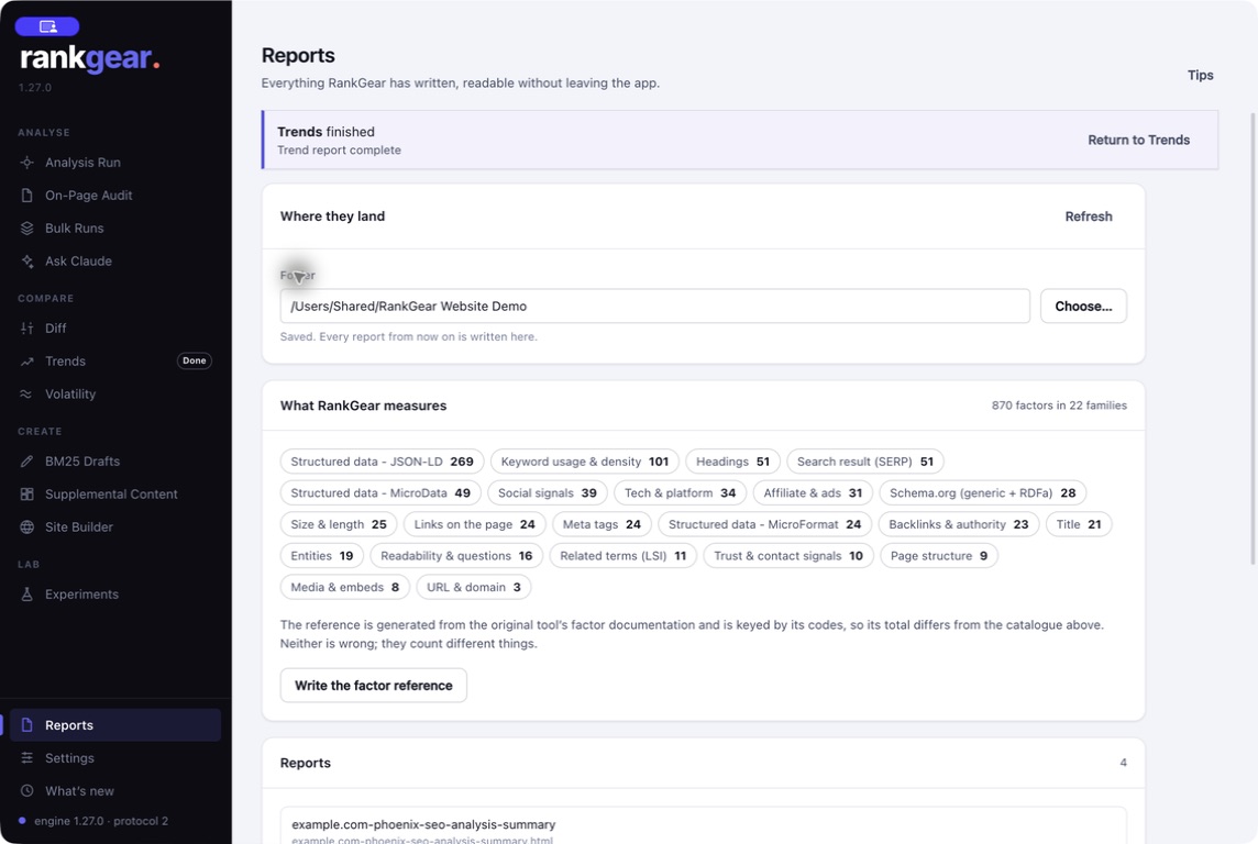 In-app report library with factor-family coverage, HTML reports, and Excel workbooks.