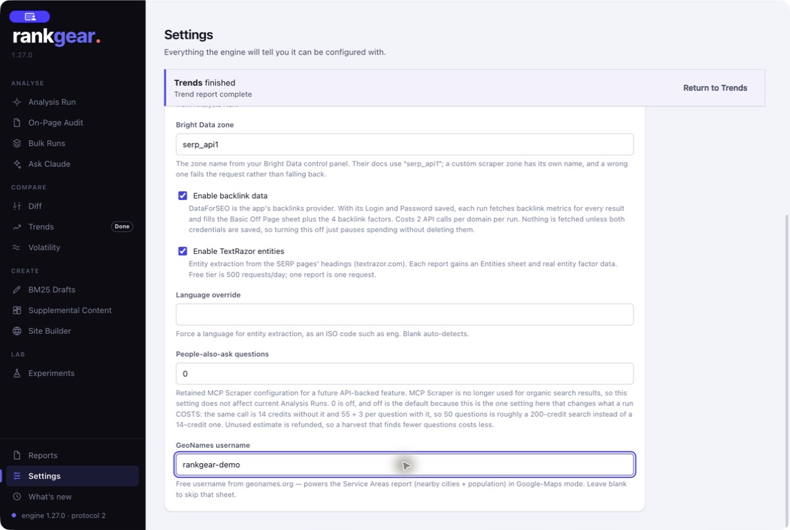 RankGear settings for SERP, Google Maps, backlink, entity, and service-area providers.
