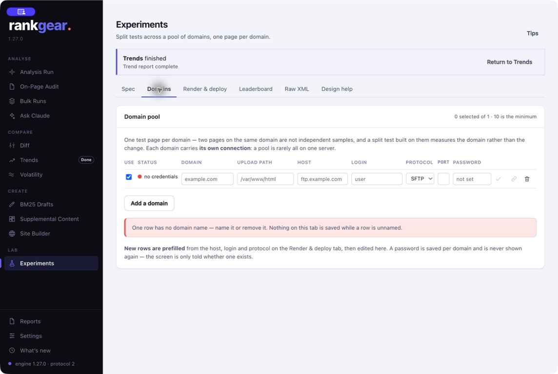 RankGear Experiments domain pool assigning one test page per domain.