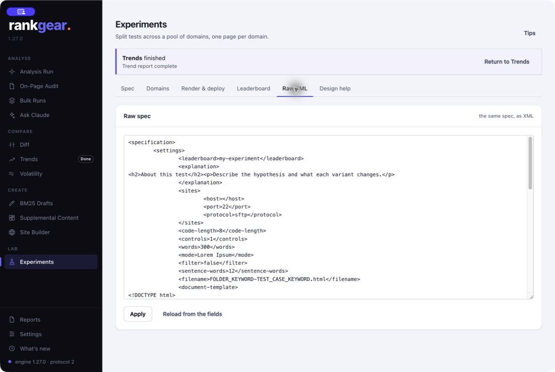 RankGear Experiments raw specification editor defining a single-variable test with a control and variants.