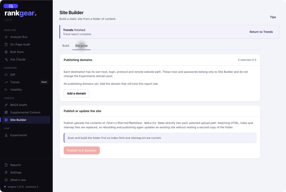 RankGear Site Builder connection and domain settings for publishing over FTPS, SFTP, or SCP.