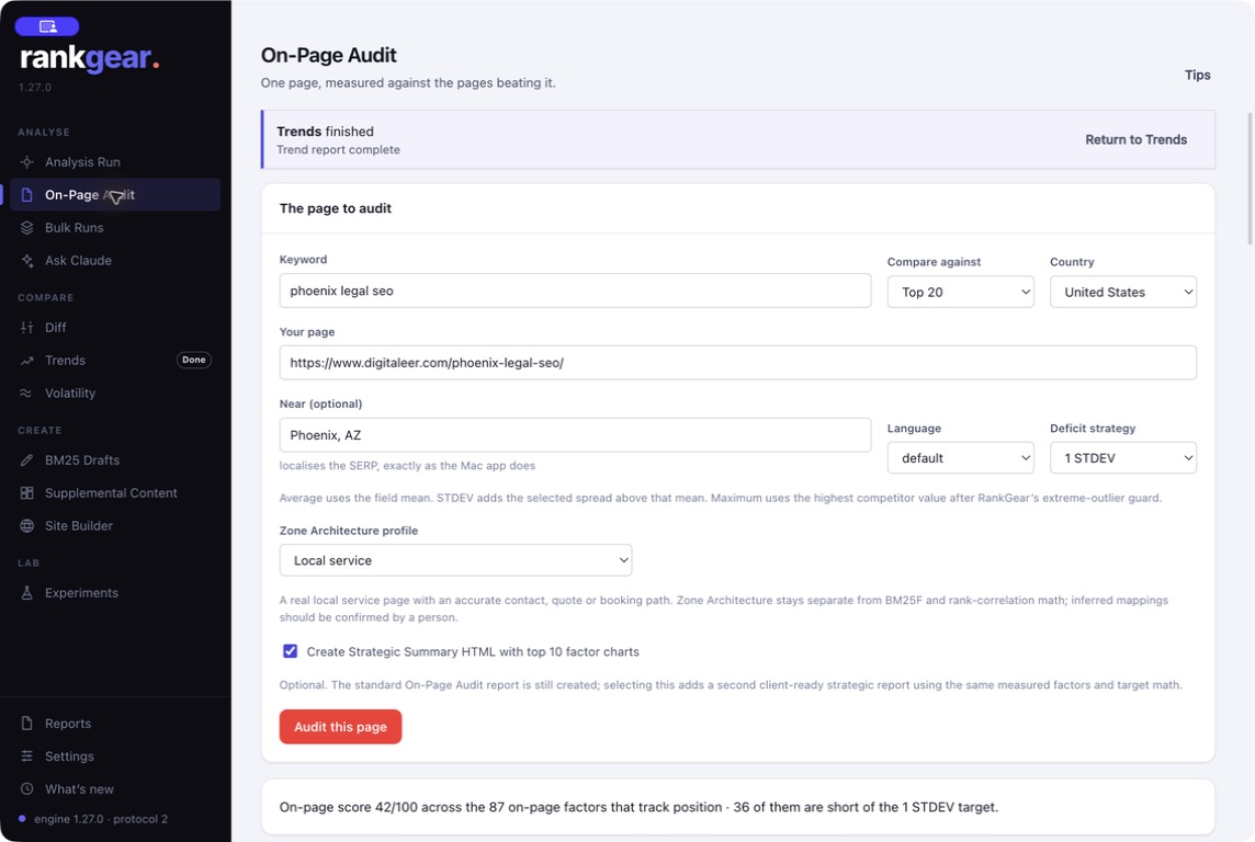 On-Page Audit workflow with target settings, optimization score, Zone Architecture, and prioritized actions.