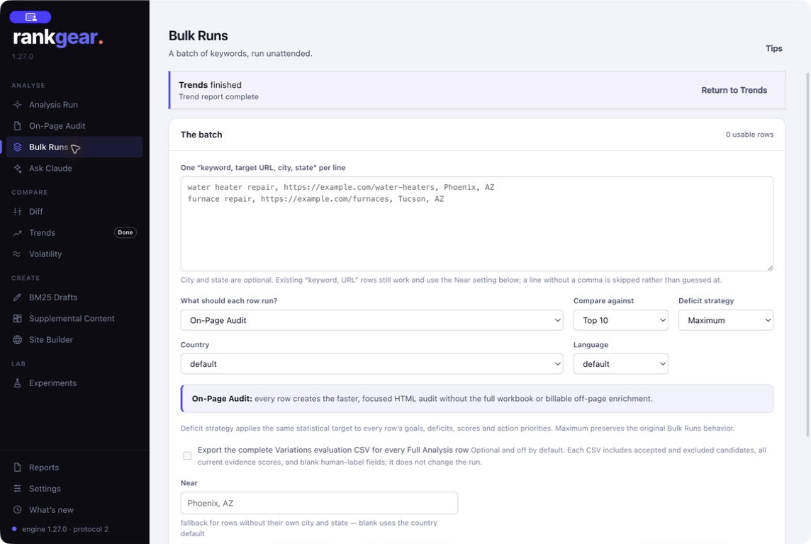 RankGear Bulk Runs performing on-page audits across a portfolio with a recovery checkpoint and resume.