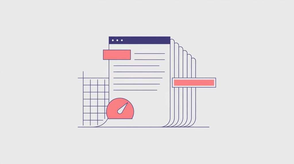 Abstract keyword-density illustration: body text with highlighted terms and a density gauge, in RankGear indigo and coral.