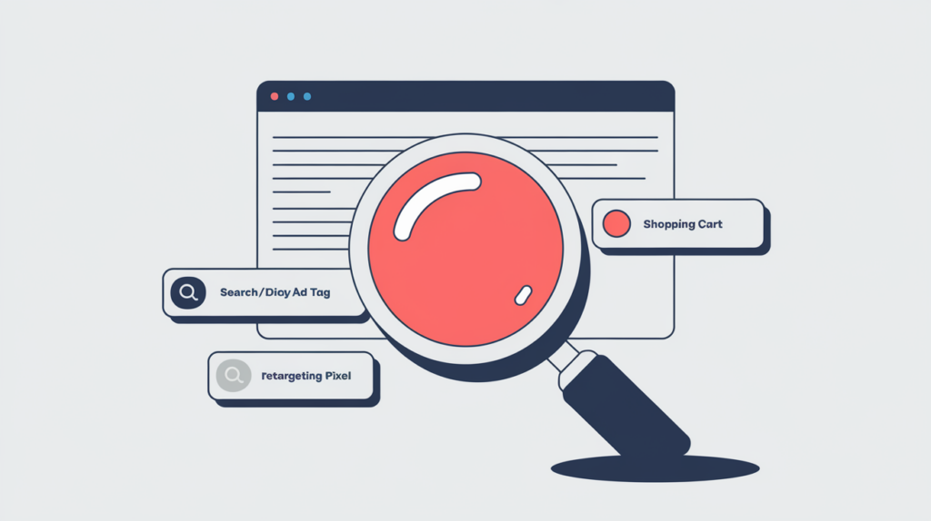 Abstract illustration of a lens detecting Google, Amazon, and AdRoll ad signatures on a web page, in RankGear indigo and coral.