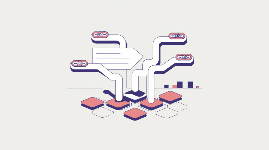 Abstract illustration of detected affiliate links on a page fanning out to affiliate-network nodes, in RankGear indigo and coral.