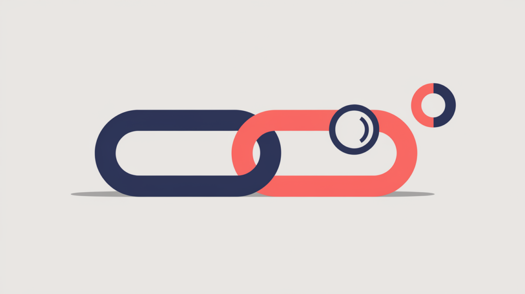 Abstract illustration of an affiliate tracking link connecting a page to a partner store, flagged present or absent, in RankGear indigo and coral.