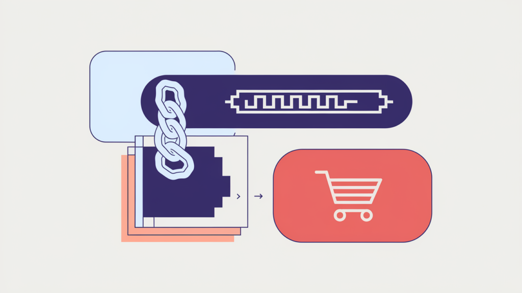 Abstract illustration of an Amazon short-link chip matched to a shopping-cart node while a full URL is ignored, in RankGear indigo and coral.