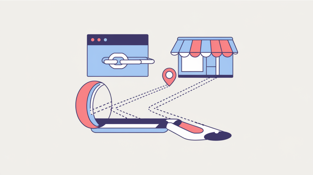 Abstract illustration of an affiliate ad-tracking link redirecting to a merchant, in RankGear indigo and coral.