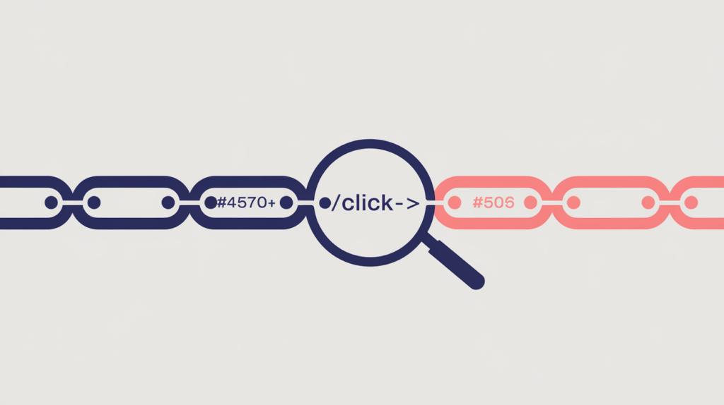 Abstract illustration of a click-tracking affiliate redirect link matched by its URL path shape, with a look-alike false positive, in RankGear indigo and coral.