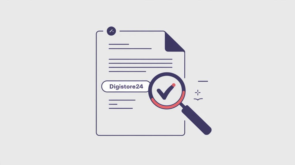 Abstract illustration of a magnifier detecting a numbered Digistore24 affiliate link in a page body, in RankGear indigo and coral.