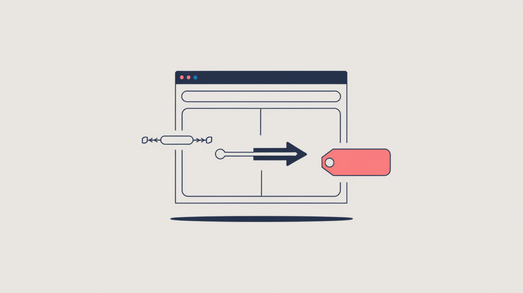 Abstract illustration of an affiliate link routing through a tracking waypoint to a shopping destination, in RankGear indigo and coral.