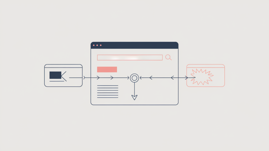 Abstract illustration of a webpage affiliate link routed through a redirect hub to an external merchant offer, in RankGear indigo and coral.