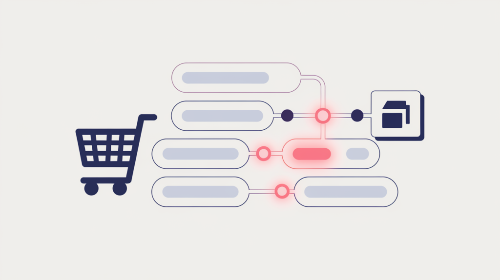 Abstract illustration of a Walmart affiliate deep link routed through a tracking waypoint to a product, in RankGear indigo and coral.