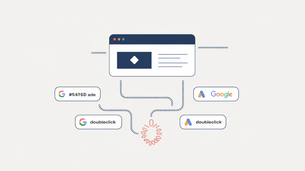 Abstract illustration of a page detecting a Google or DoubleClick ad-click URL that flips a binary presence flag, in RankGear indigo and coral.