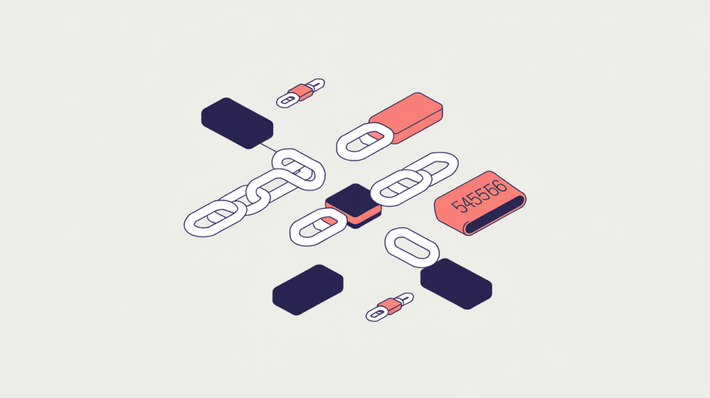 Abstract illustration of repeated affiliate tracking links being counted into a single tally, in RankGear indigo and coral.
