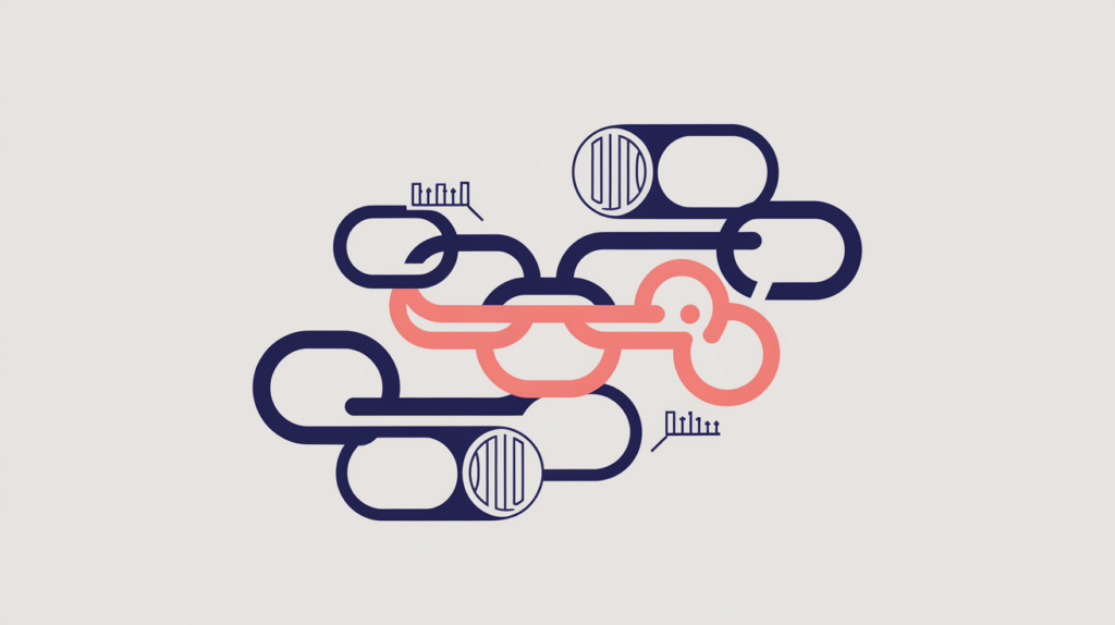 Abstract illustration of multiple affiliate tracking links being counted through a single network node, in RankGear indigo and coral.
