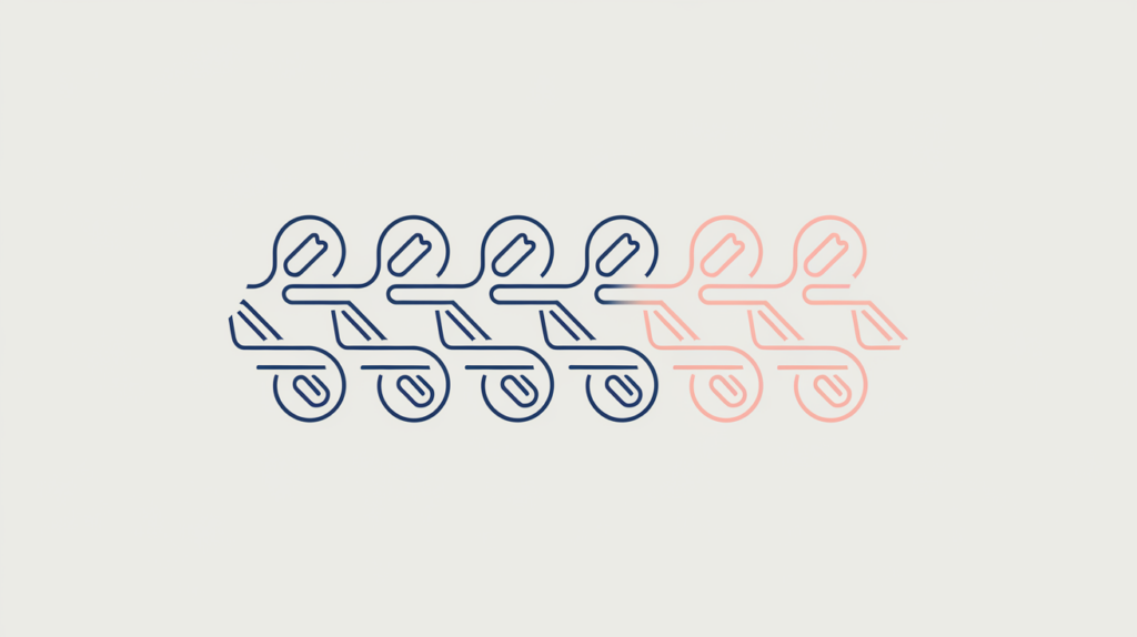 Abstract illustration of affiliate click-link URLs being pattern-matched, with one mismatched link, in RankGear indigo and coral.