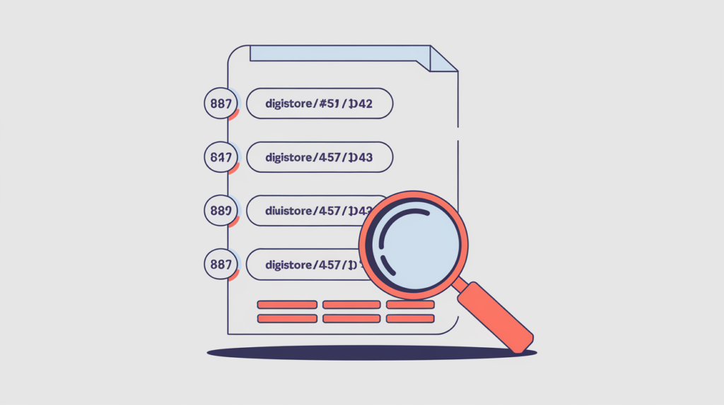 Abstract illustration of a counter tallying multiple numbered Digistore24 affiliate references detected in a page body, in RankGear indigo and coral.
