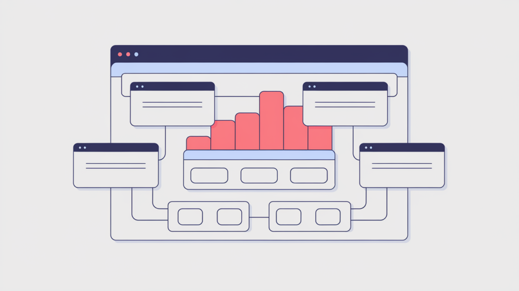 Abstract illustration of repeated Amazon ad-system domain references being tallied into a counter, in RankGear indigo and coral.