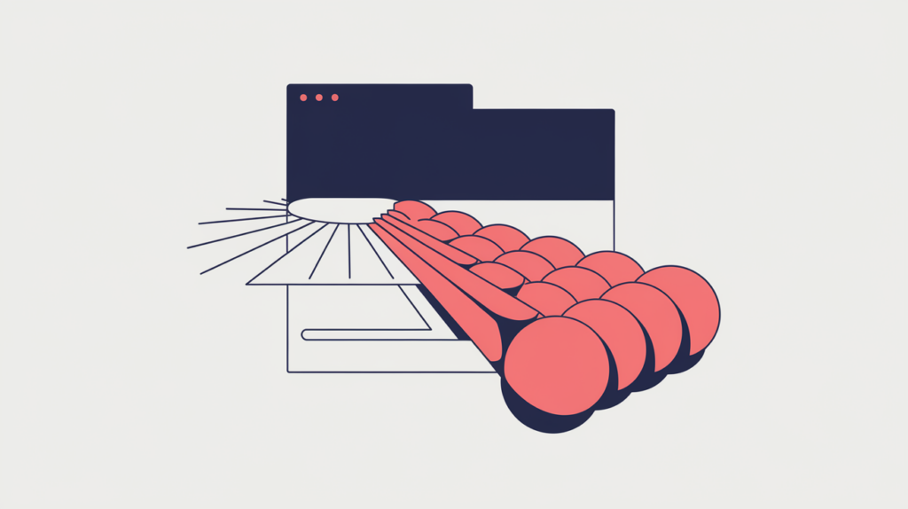 Abstract illustration of one AdRoll ad placement emitting multiple counted tracking pings, in RankGear indigo and coral.