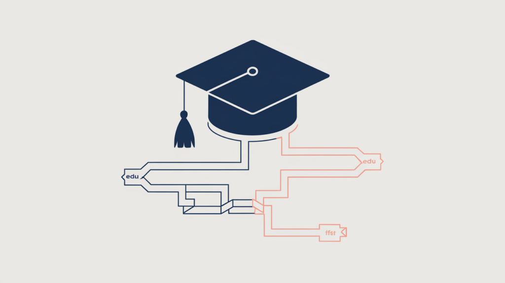 Abstract illustration of educational .edu backlinks flowing from a graduation-cap node to a single page, in RankGear indigo and coral.