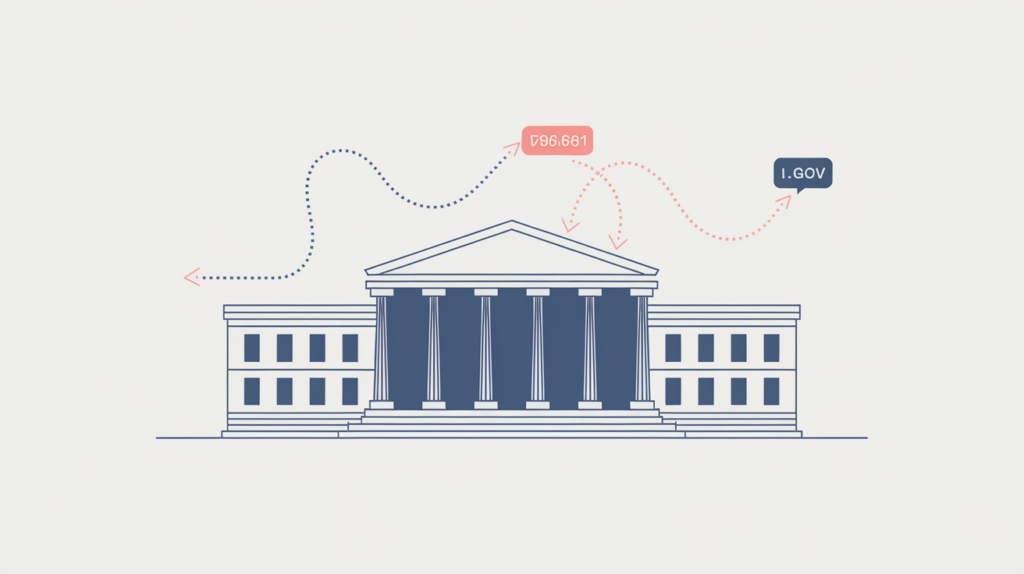 Abstract illustration of government-domain backlinks counted toward a web page, in RankGear indigo and coral.