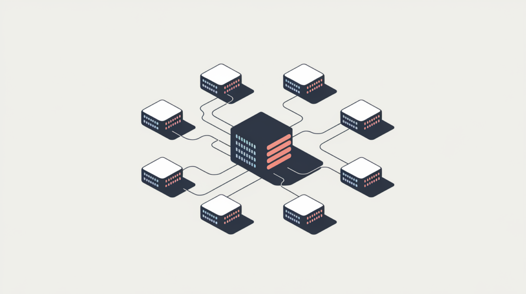 Abstract illustration of distinct referring IP addresses linking from separate servers to one page, in RankGear indigo and coral.