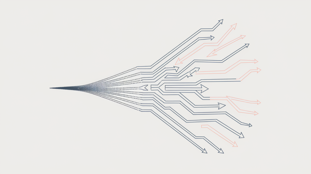 Abstract illustration of many inbound backlinks converging on one page, with one faded link, in RankGear indigo and coral.