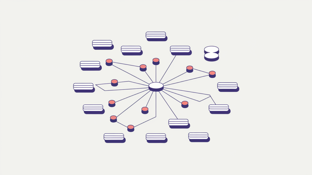 Abstract illustration of one page connected to many distinct referring domains, in RankGear indigo and coral.