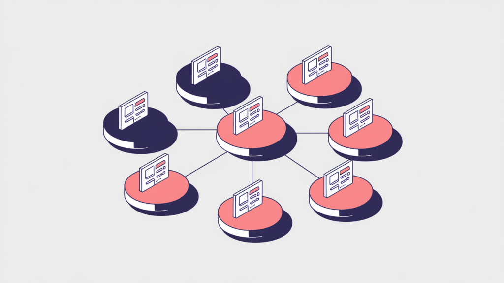 Abstract illustration of backlinks spread across distinct referring network subnets, in RankGear indigo and coral.