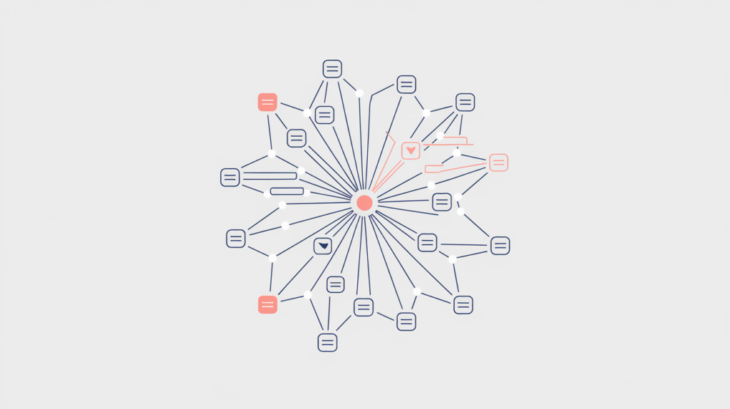Abstract illustration of a link graph with trust flowing from trusted seed sites to a nearby destination node, in RankGear indigo and coral.