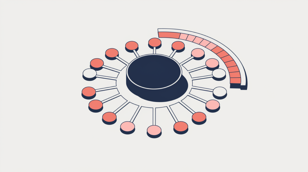 Abstract illustration of a domain authority score built from many inbound links converging on a central node, in RankGear indigo and coral.