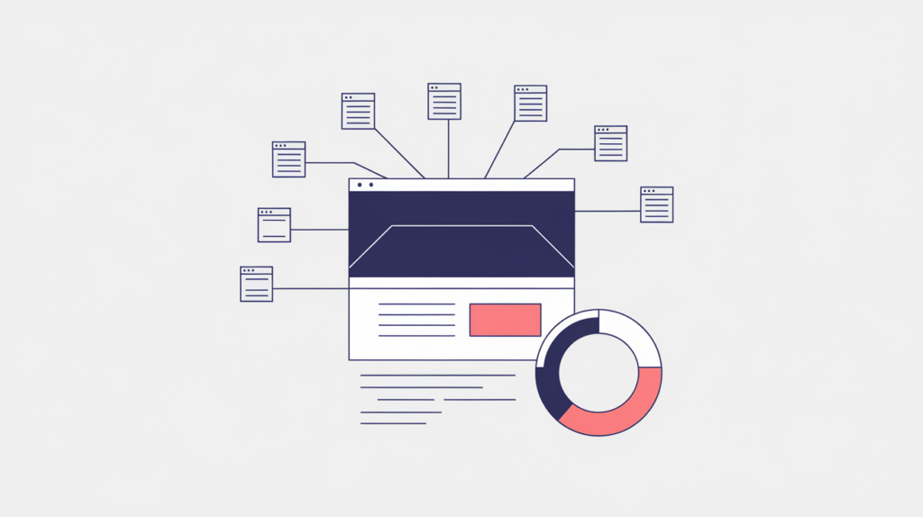 Abstract illustration of a single web page's Moz Page Authority gauge fed by inbound links, in RankGear indigo and coral.