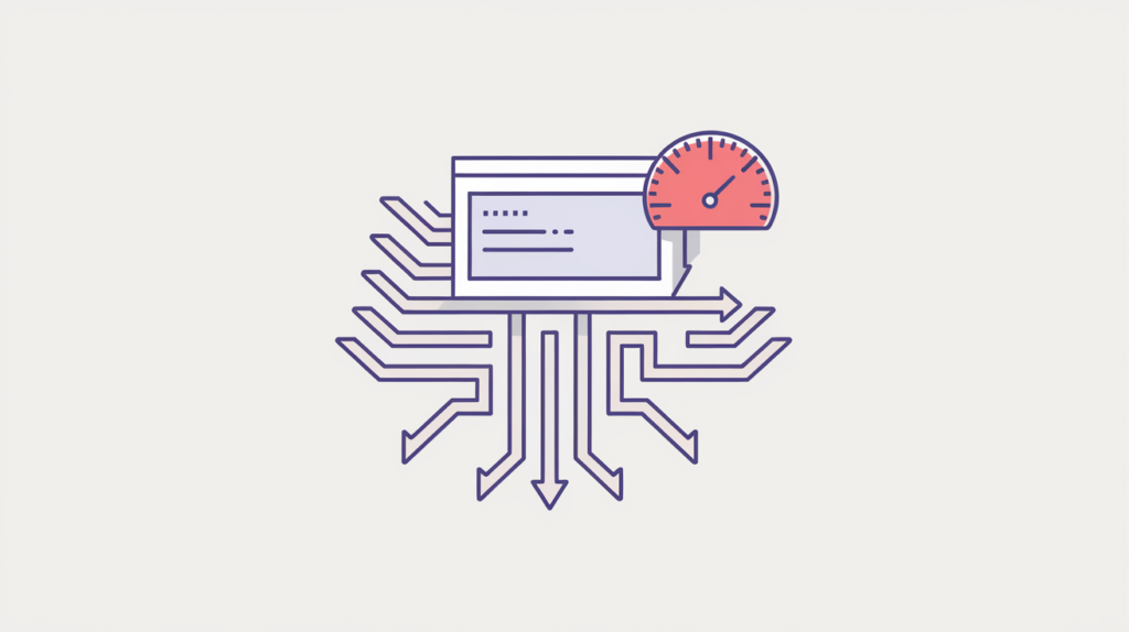 Abstract illustration of inbound links converging on a page with a link-authority score dial, in RankGear indigo and coral.
