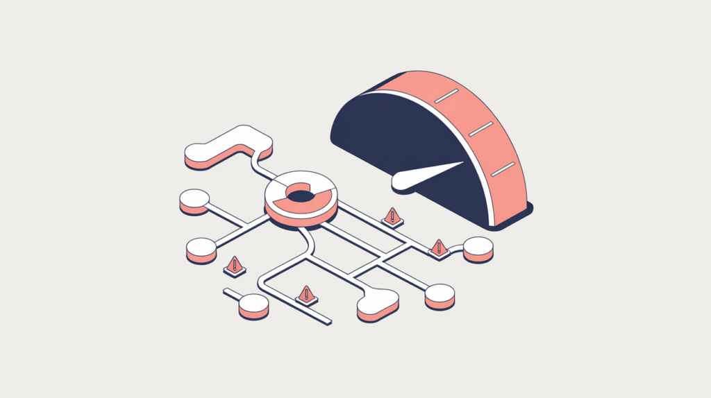 Abstract illustration of a domain's backlink network with flagged spam-risk links and a risk gauge, in RankGear indigo and coral.