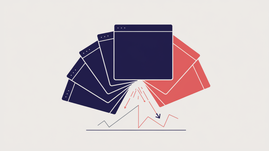 Abstract illustration of duplicate pages consolidating onto one preferred canonical page, in RankGear indigo and coral.