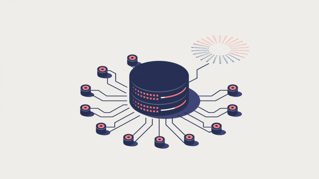 Abstract illustration of inbound backlinks converging on a single hostname node, in RankGear indigo and coral.