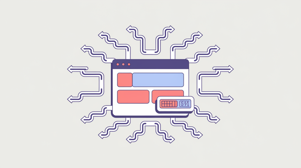 Abstract illustration of many inbound links converging on a single page with a count badge, in RankGear indigo and coral.