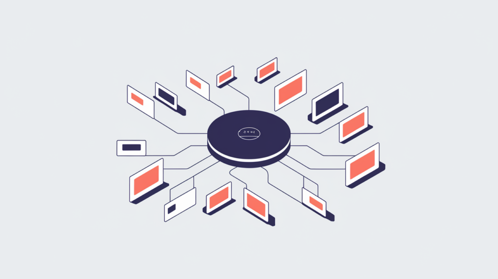 Abstract illustration of inbound links converging on a single domain node with a link counter, in RankGear indigo and coral.