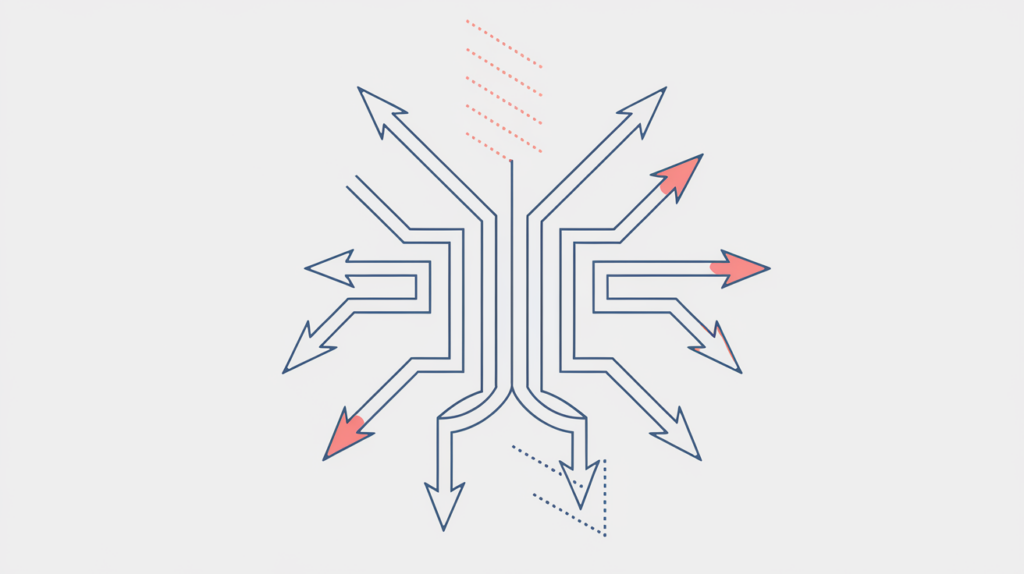 Abstract illustration of do-follow backlinks as solid inbound arrows converging on a page node, in RankGear indigo and coral.