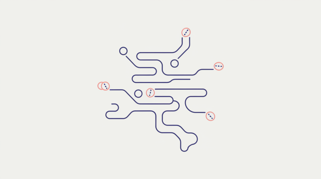Abstract illustration of inbound backlinks with some marked as non-endorsing nofollow links, in RankGear indigo and coral.