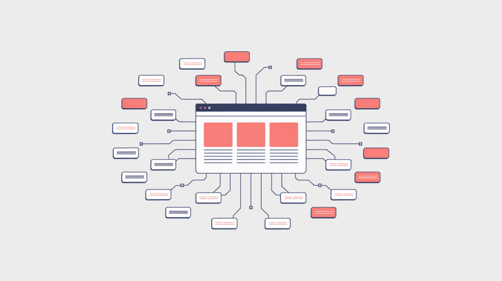 Abstract illustration of a website linked from many distinct referring domains, in RankGear indigo and coral.